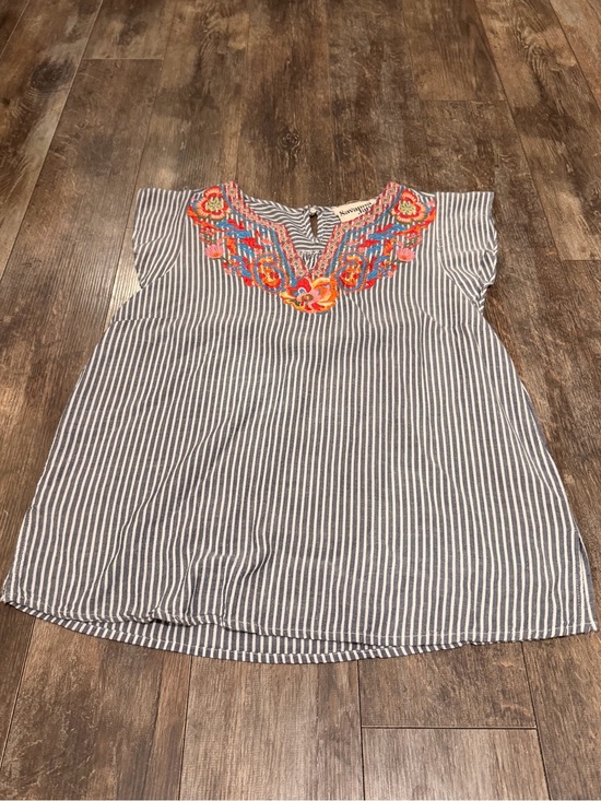 Savanna Jane Tops - Savanna Jane Blue and White Striped Tank with Multicolor Embroidered Neckline